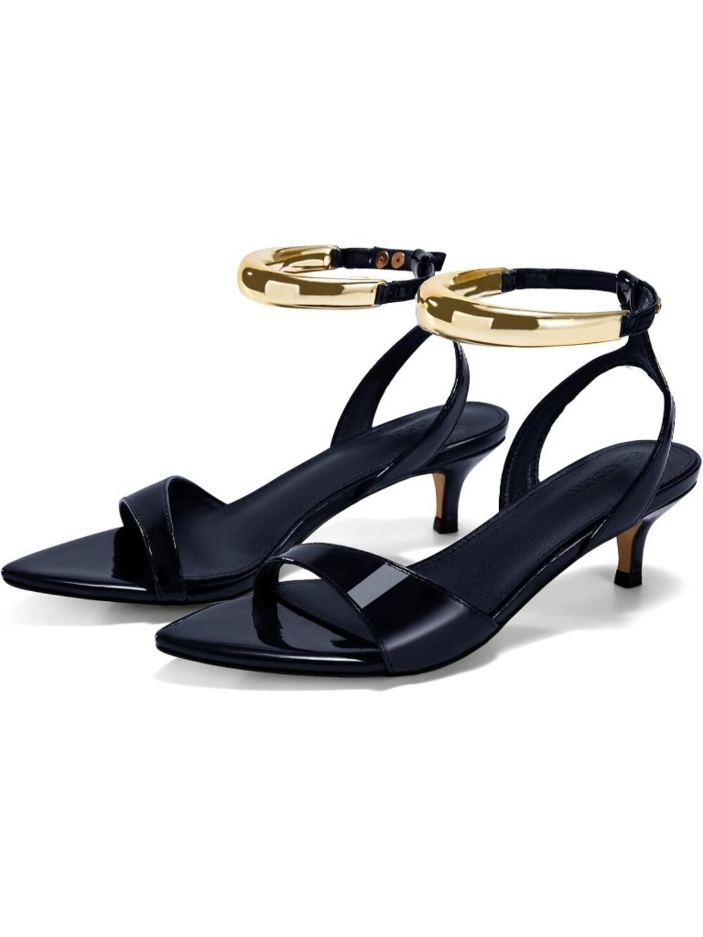 Women's Navy Low Kitten Heels Sandals Strappy Pointed Open Toe One Strap Metal